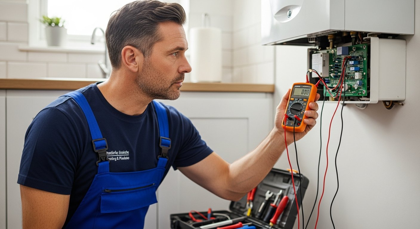 Professional plumber and heating engineer working on a modern combi boiler in a Stockport home