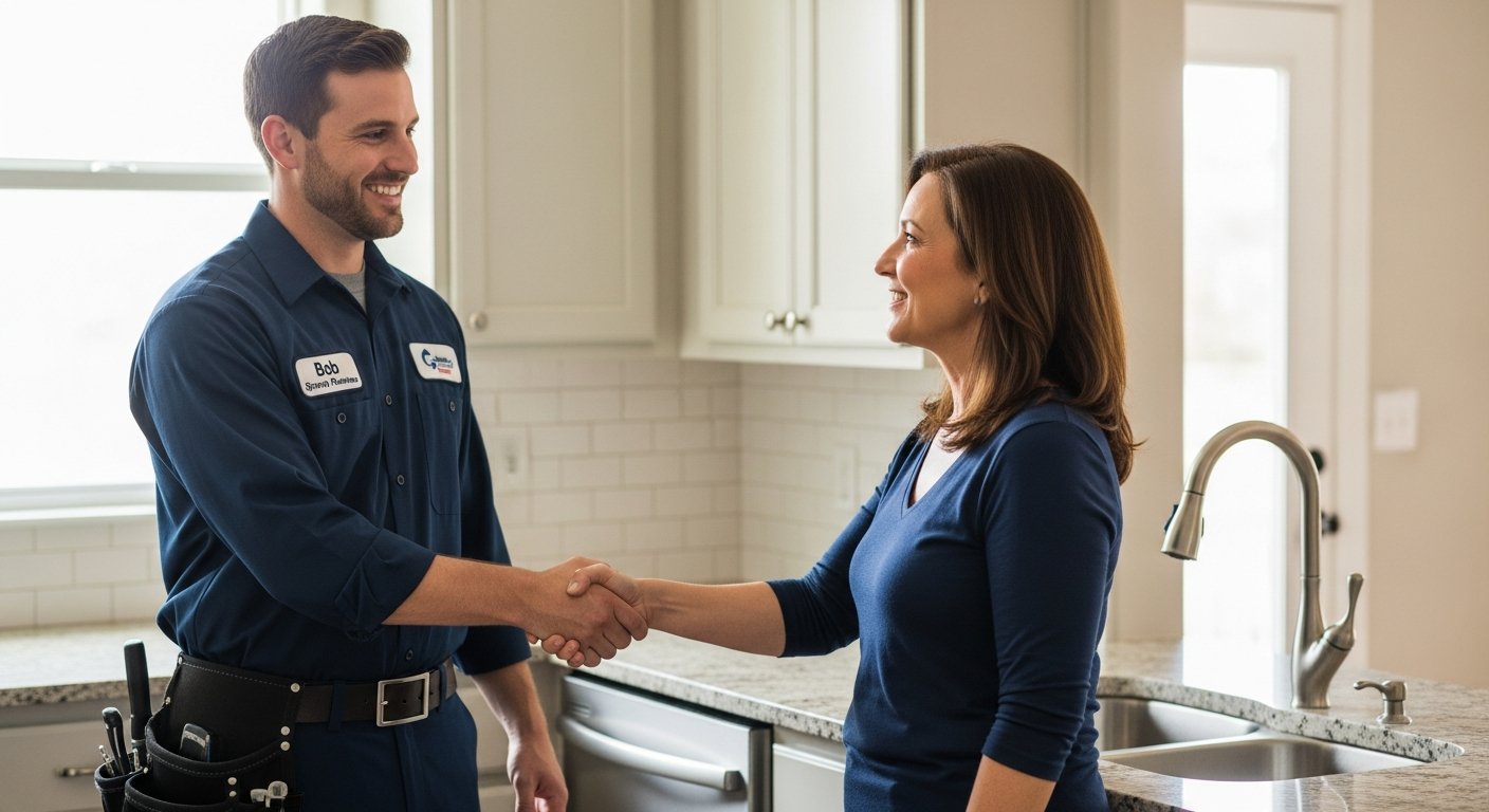 Friendly tradesperson shaking hands with a happy homeowner at the front door of a terraced house in Stockport